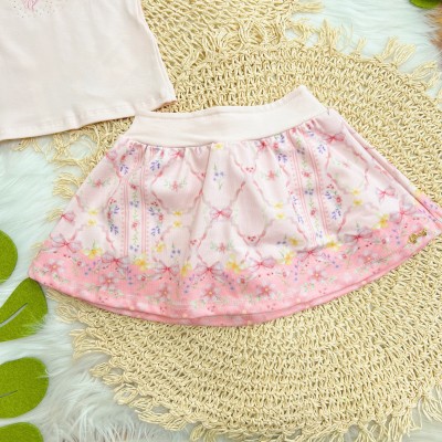 Conj. Blusa Lacinho e Short Saia Floral - Rosa